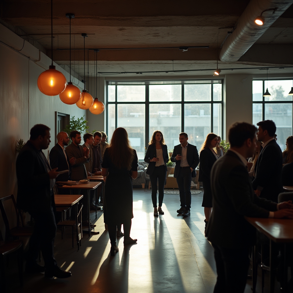 Coworking space members gathered for a community event in a modern shared office