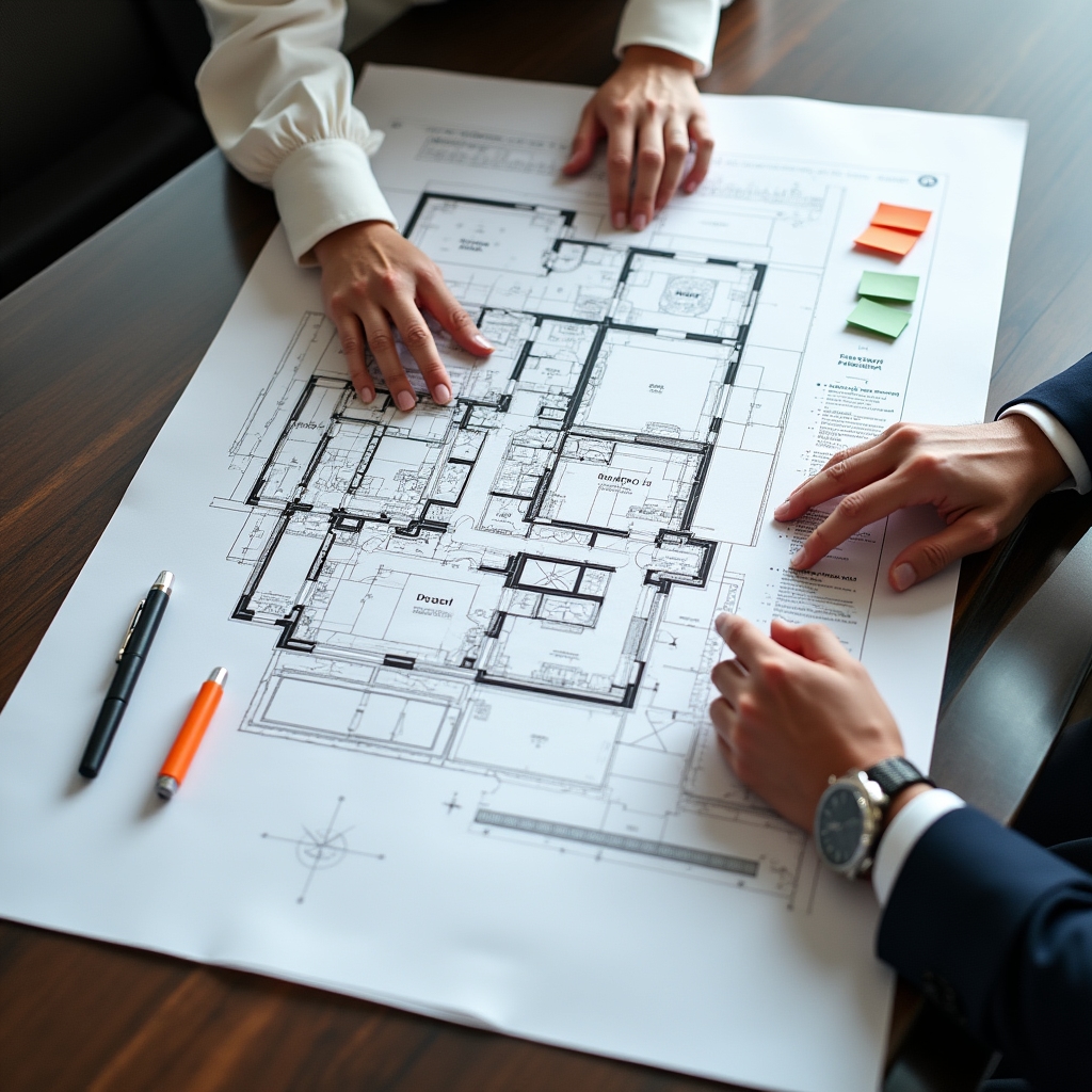 Overhead view of a coworking space floor plan spread on a table with two people pointing and discussing layout options