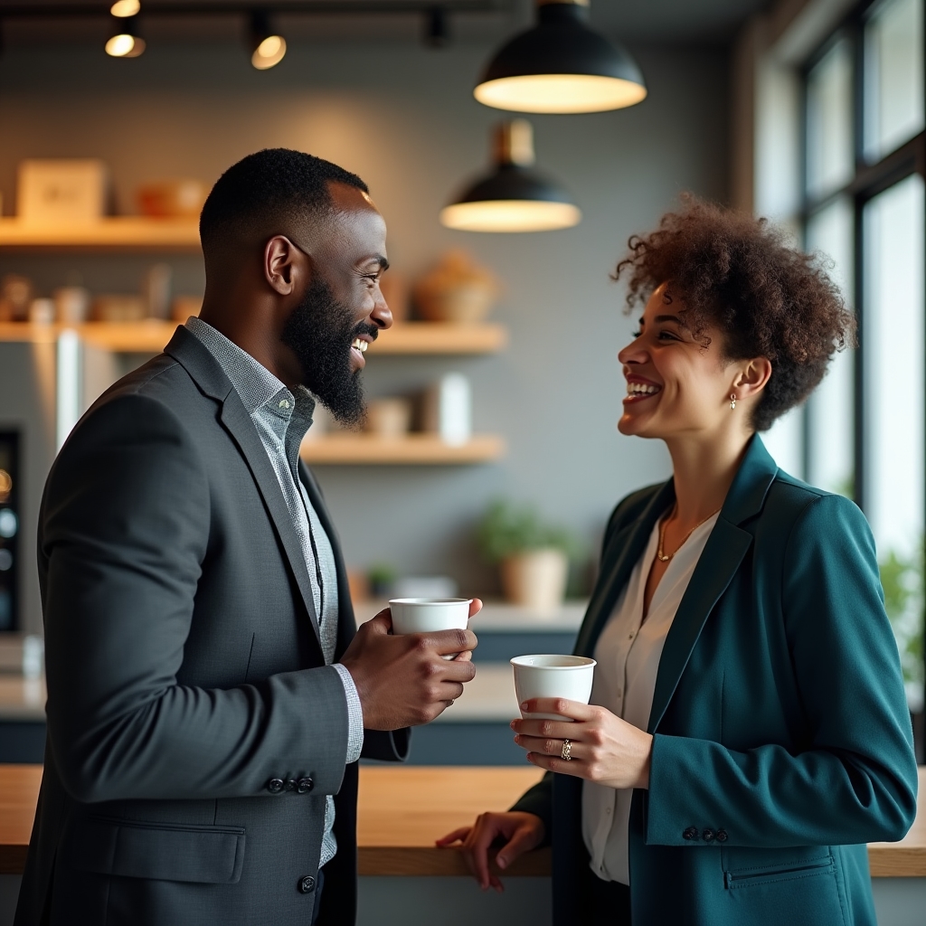 Two coworking space members in animated professional conversation near a coffee station in a bright shared workspace