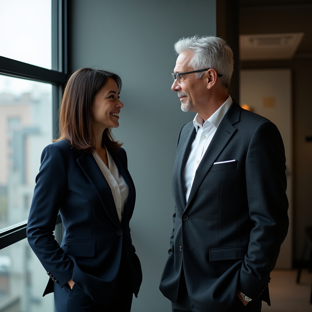 Two coworking consultants in a professional discussion at a well-lit shared office space